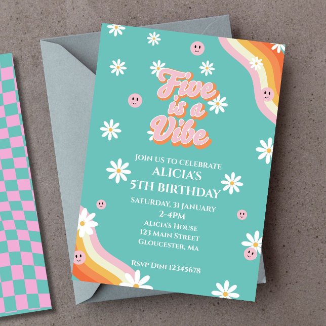 Convites Retro Rainbow FIVE é um 5 Vibe Groovy Aniversário (Criador carregado)