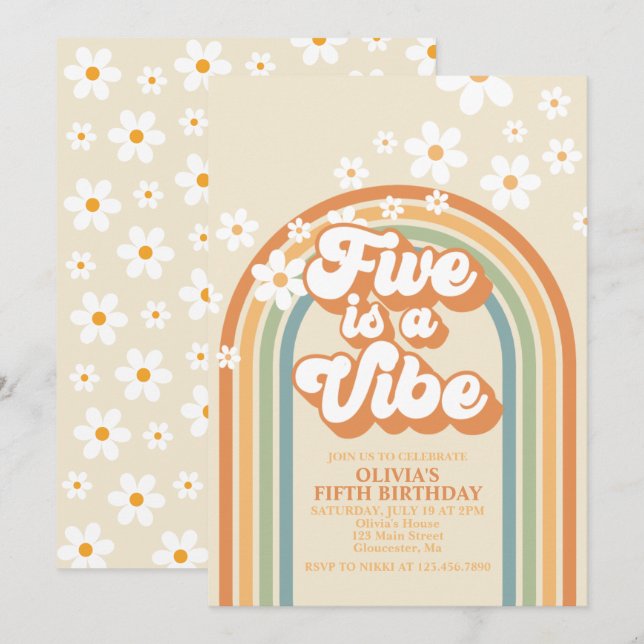 Convites Retro Rainbow FIVE é um Vibes Groovy 5º Aniversári (Frente/Verso)