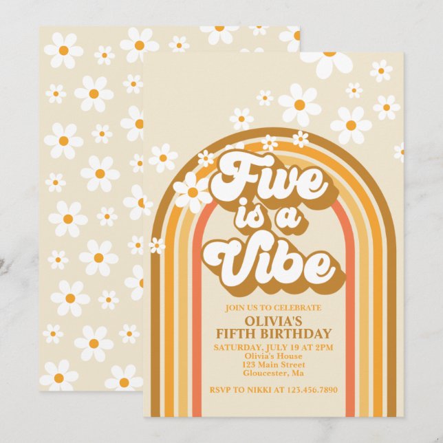 Convites Retro Rainbow FIVE é uma Vibração Groovy 5º Aniver (Frente/Verso)