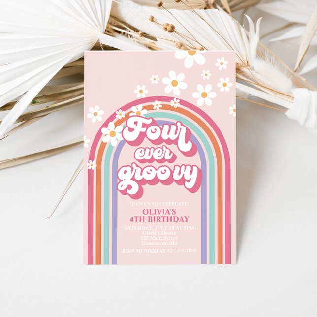 Convites Retro Rainbow Four Ever Groovy 4th Birthday (Criador carregado)