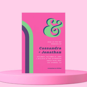 Convites Retro Rainbow Groovy Ampersand Bright Pink Casamen
