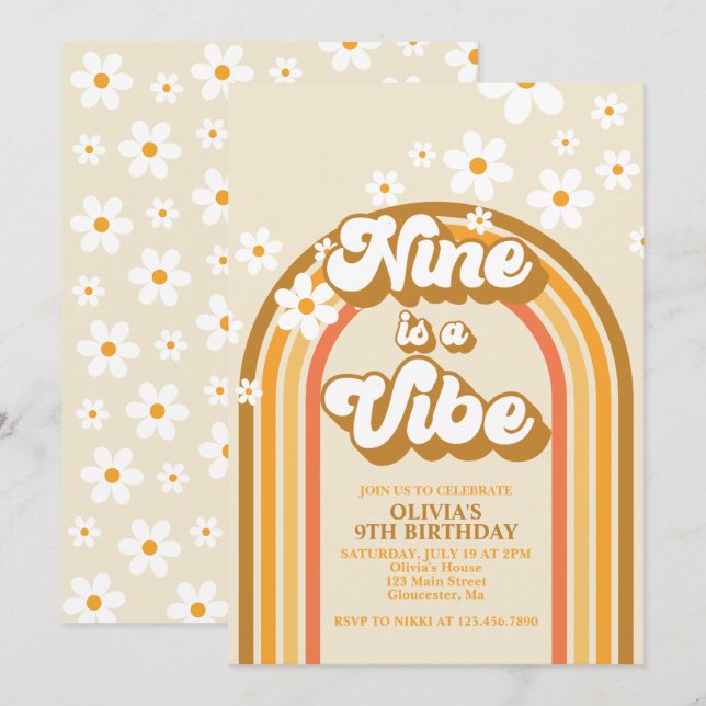 Convites Retro Rainbow Nine é uma Vibe Groovy 9º Aniversári (Frente/Verso)