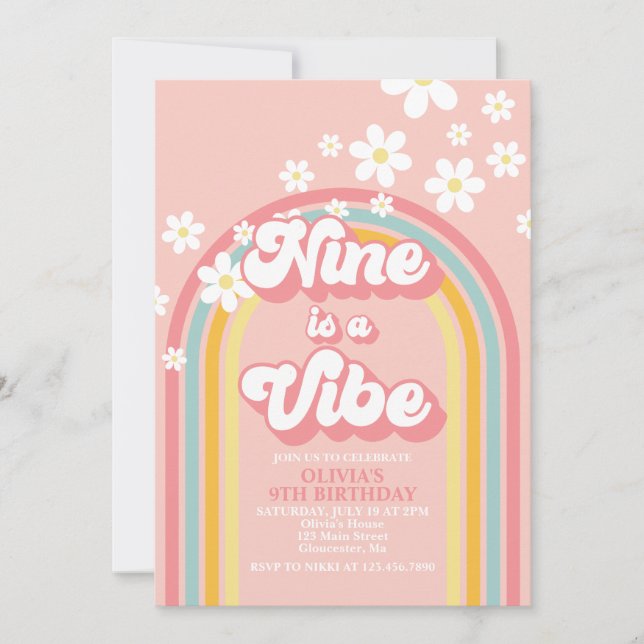 Convites Retro Rainbow Nine é uma Vibração Groovy 9º Aniver (Frente)
