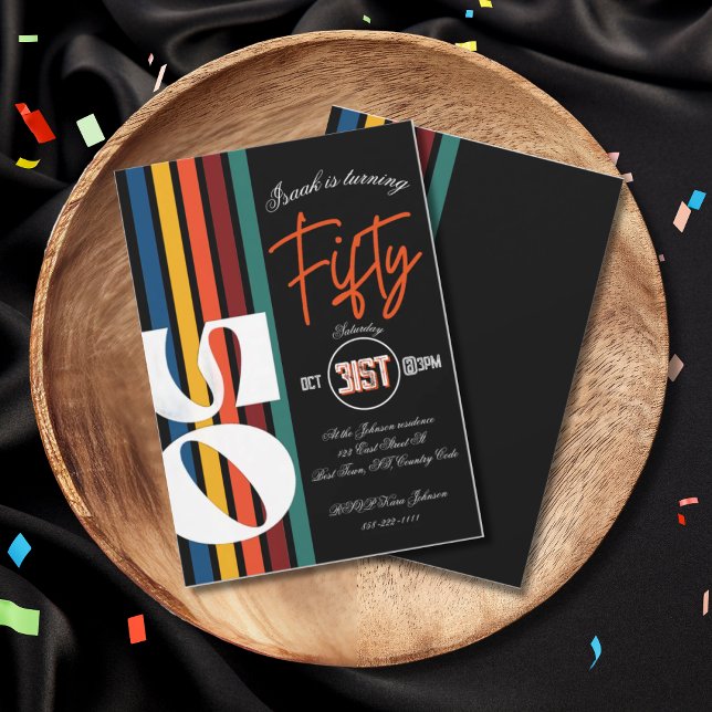 Convites Retro Rainbow Striped “Fifty” Birthday Invitation (Criador carregado)