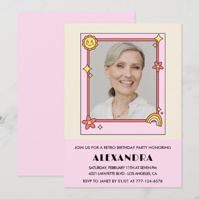 Convites Retro Rainbow Sun Photo Pink 87.º aniversário (Frente/Verso)