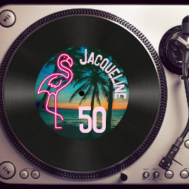 Convites Retro Record Tropical Neon Flamingo 50th Birthday