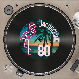 Convites Retro Record Tropical Neon Flamingo 80 Birthday