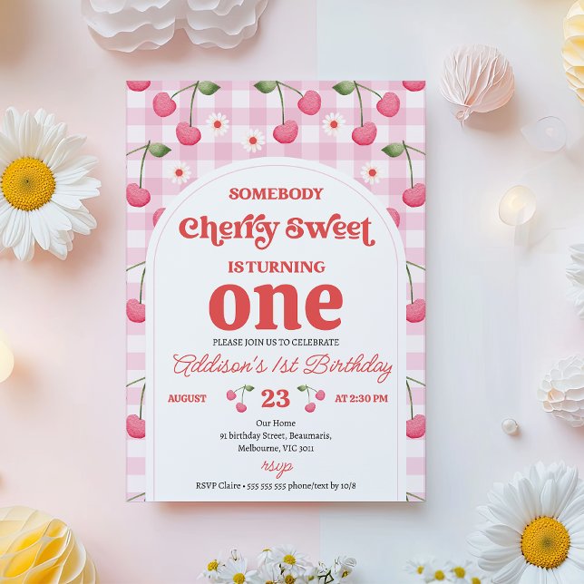 Convites Retro Red Alguém Cherry Sweet Birthday (Modern Cherry Sweet Birthday Invitation Template, Retro Arch Cherry Birthday Invitation for Girl)