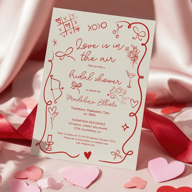Convites Retro Red Galentine Love in the air bridal shower (Retro Red Galentine Love in the air bridal shower Invitation)
