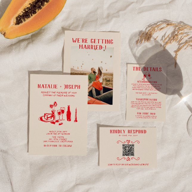 Convites Retro Red Hand Drawn Scribble Quirky Wedky (Criador carregado)