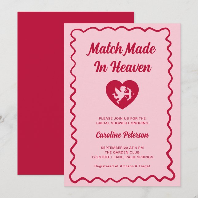 Convites Retro Red Match Made in Heaven Cupid Bridal Shower (Frente/Verso)