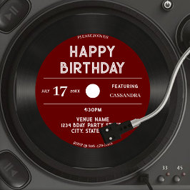 Convites Retro Red Vinyl Record Black Happy Birday