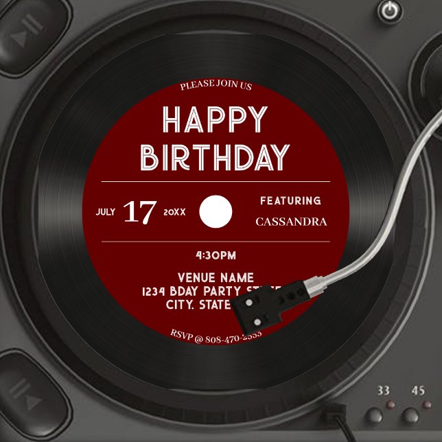 Convites Retro Red Vinyl Record Black Happy Birday (Retro Red Vinyl Record Black Happy Birthday Party Invitation)