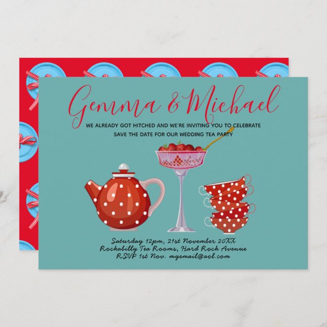 Convites Retro Rockabilly Wedding Tea Party 1950 (Frente/Verso)