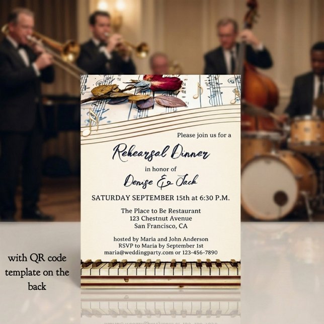 Convites Retro Romantic Music Themed Rehearsal Dinner (Elegant retro music themed wedding rehearsal dinner invitation with roses and a piano keyboard)