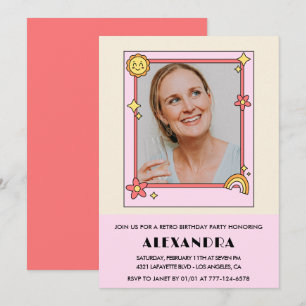Convites Retro rosa 70s Groovy Foto 66º aniversário
