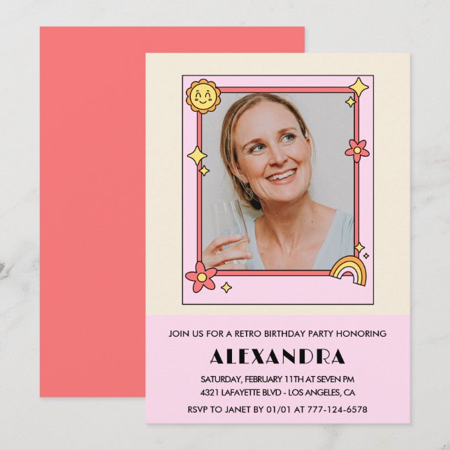 Convites Retro rosa 70s Groovy Photo 61rua aniversário (Frente/Verso)