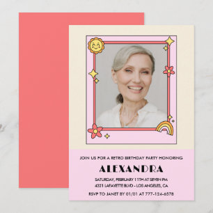 Convites Retro rosa 70s Groovy Photo 84.º aniversário
