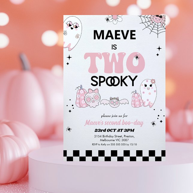 Convites Retro Rosa Halloween Dois segundo aniversário Spoo (Two Spooky Birthday Invitation, Halloween 2nd Birthday Invitation Girl, Halloween Second Birthday )