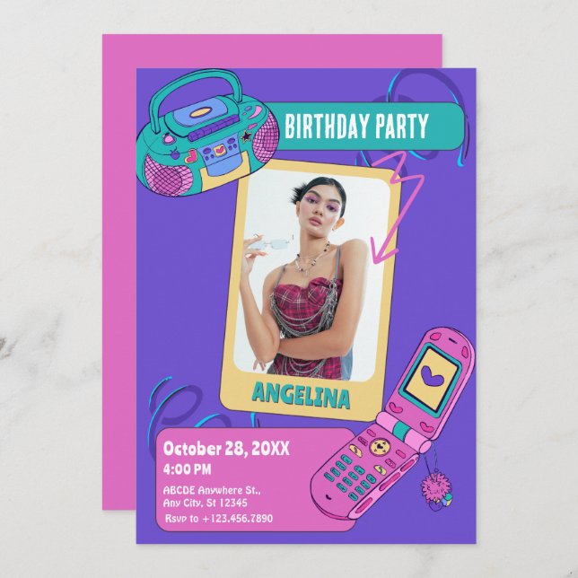 Convites Retrô rosa púrpura e aniversário de foto do y2k (Frente/Verso)