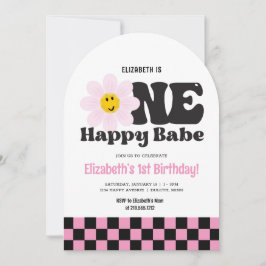 Convites Retrô Rosa Um primeiro aniversario Feliz De Bebê