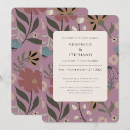 Convites Retro roxo, verde, floral castanho, casamento
