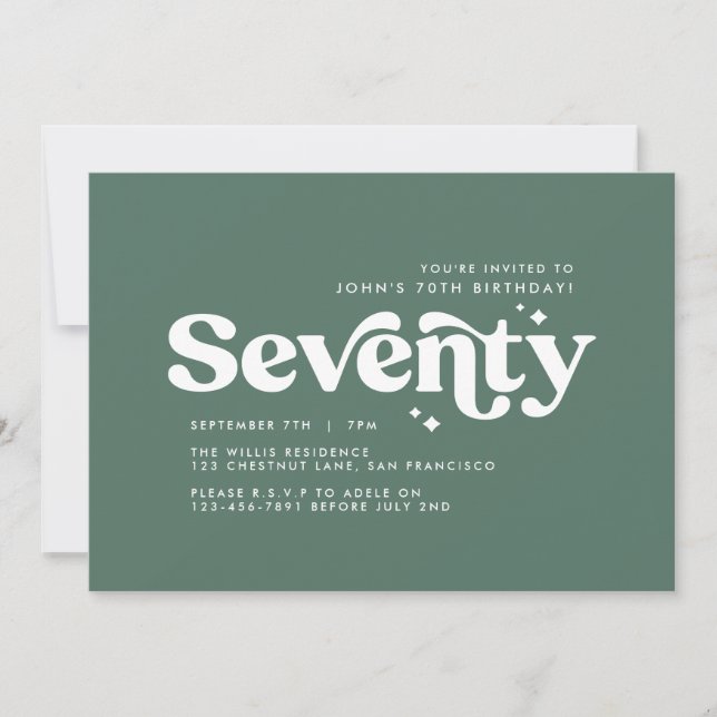 Convites Retro sábio verde, 70-aniversário mínimo moderno (Frente)
