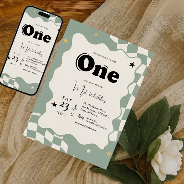 Convites Retro Sage Green Checkered Groovy One 1st Birthday (Criador carregado)