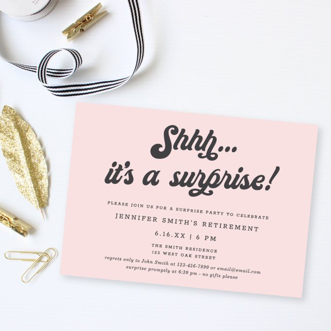 Convites Retro Script Blush Pink Surprise Retirement Party (Criador carregado)