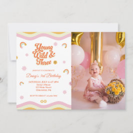 Convites Retro Sorri Jovem Selvagem e Foto de Três Aniversá