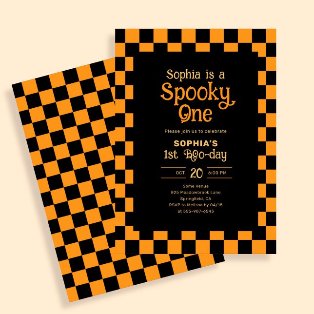 Convites Retro Spooky One Checkered Orange 1st Birthday (Criador carregado)