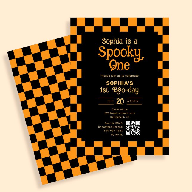 Convites Retro Spooky One Checkered Orange 1st Birthday (Criador carregado)