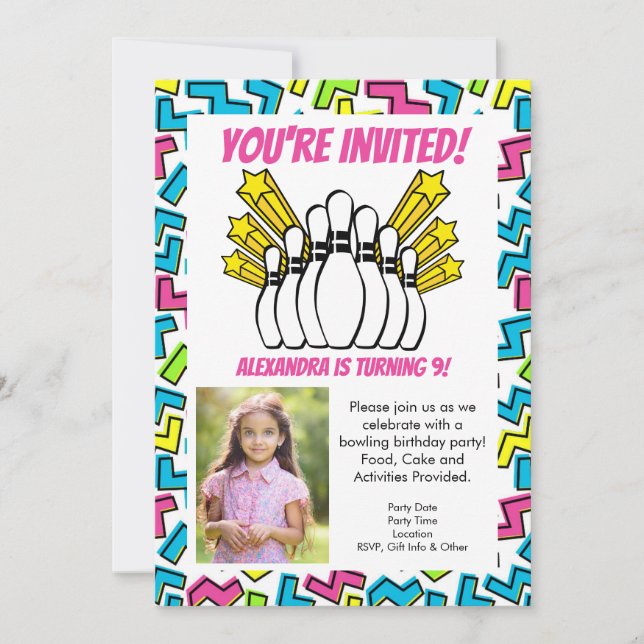 Convites Retro Stars Raparigas Fotografias Festa de Boliche (Frente)