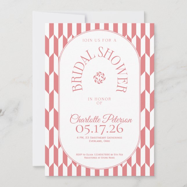 Convites Retro stripe soft pink typography Bridal Shower (Frente)
