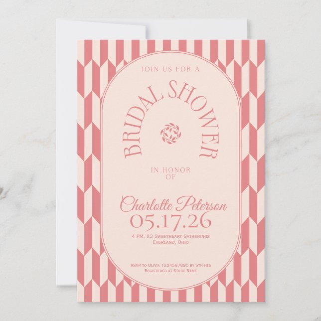 Convites Retro stripe soft pink typography Bridal Shower (Frente)