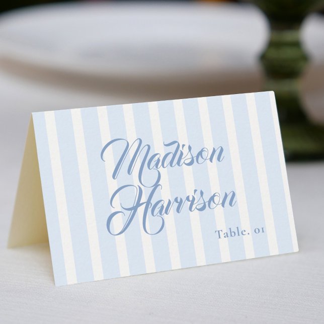 Convites Retro Striped Blue Wedding Name Place Card DIY (Criador carregado)