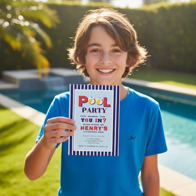 Convites Retro Stripes Beach Ball Pool Party Invitation (Criador carregado)