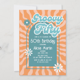 Convites Retro Sun Wave Daisy Groovy Green 50º aniversário