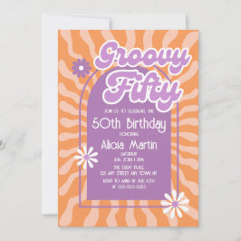 Convites Retro Sun Wave Daisy Groovy Purple 50º aniversário