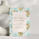Convites Retro Sunflower Turquoise Checkered 50th Birthday<br><div class="desc">This birthday invitation features cheerful sunflowers paired with a retro turquoise checkerboard pattern and a soft cream panel for the event details. The playful mix of florals and vintage pattern creates a fun, summery look perfect for milestone birthday celebrations. Ideal for garden parties, backyard gatherings, or festive summer birthdays. A...</div>