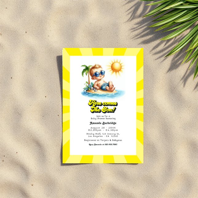 Convites Retro Sunny Beach, "Aqui Vem o Filho", Chá de fral (Retro Sunny Beach "Here Comes the Son" Baby Shower Invitation









)