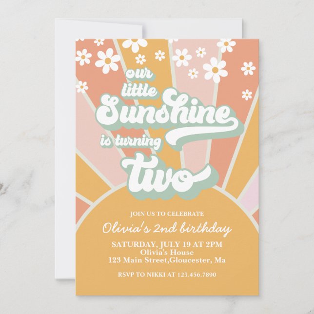 Convites Retro Sunshine margarida boho floral 2º aniversári (Frente)