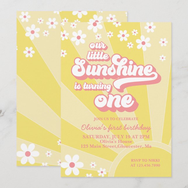 Convites Retro Sunshine margarida boho floral primeiro aniv (Frente/Verso)