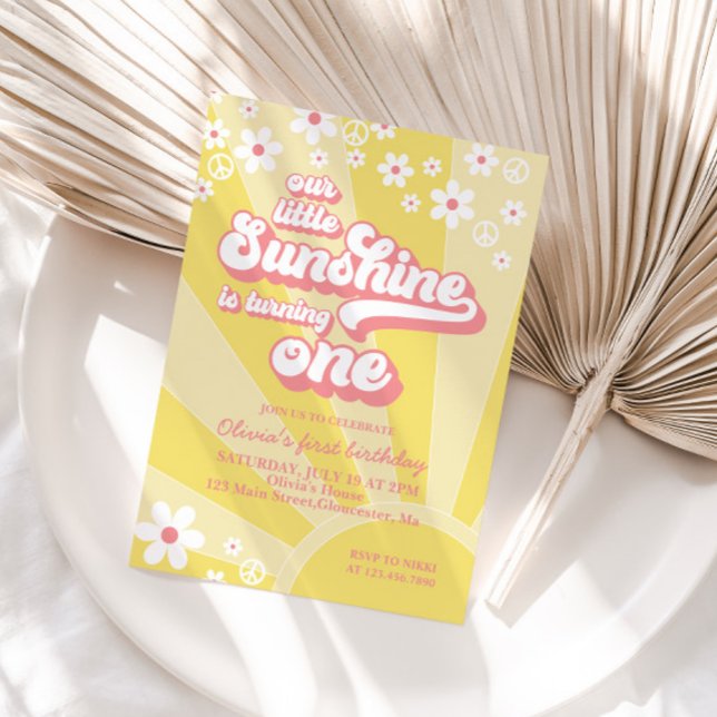 Convites Retro Sunshine margarida boho floral primeiro aniv (Criador carregado)