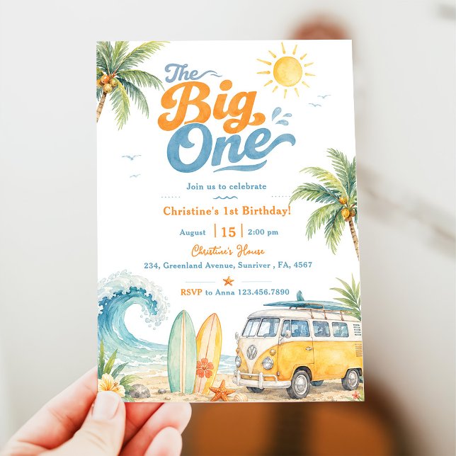 Convites Retro The Big One Praia de Surf 1º Aniversário (Criador carregado)