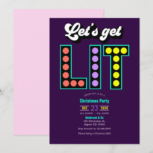 Convites Retro Tinsel Let's Get Lit Retro Christmas Party (Frente/Verso)