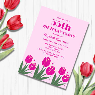 Convites Retro-Tulip Floral Magenta Rosa Noivo