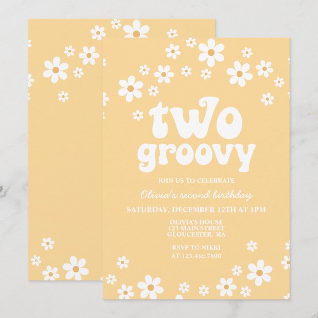 Convites Retro Two Groovy margarida boho floral segundo ani (Frente/Verso)