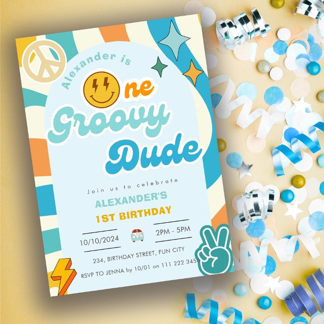Convites Retrô Um Garoto Da Groovy 1rua Primeiro Aniversári (Retro One Groovy Dude Boy 1st First Birthday Invitation)