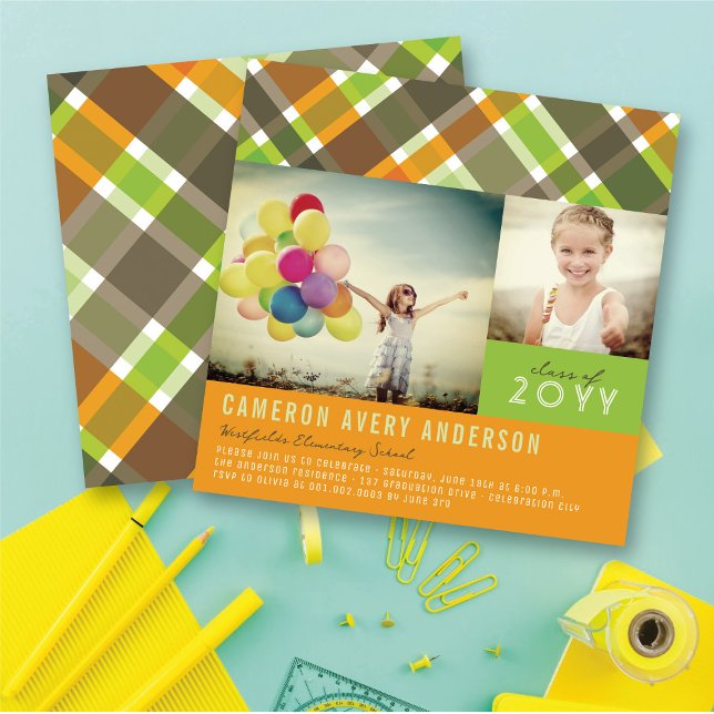 Convites Retro Verifica Xadrez Moderna 2 Festa de formatura (Preppy Orange, Green & Grey Checks Pattern Modern 2 Photo Graduation Party Invitation @ fatfatin)